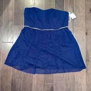 Davids Bridal short bridesmaid dress with beaded belt- dark blue